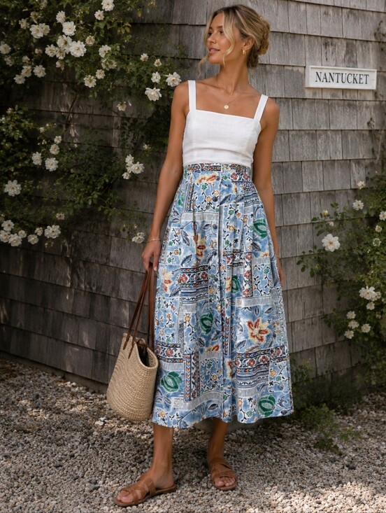 Vintage Dresses & Skirts - Vintage 90s Coastal Floral Midi Skirt Size S Patchwork Button Front Y2K